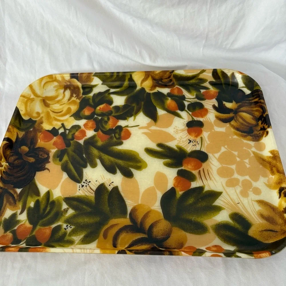 Vintage 70s floral fiberglass tray warm tone home decor accent vanity